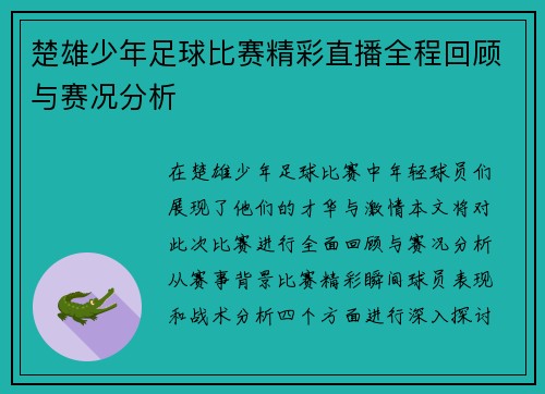 楚雄少年足球比赛精彩直播全程回顾与赛况分析
